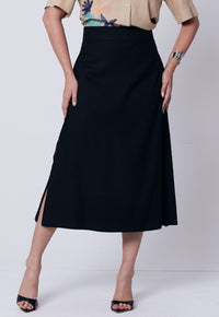 Saia Mamorena Midi Reta em Linho com Fendas Laterais