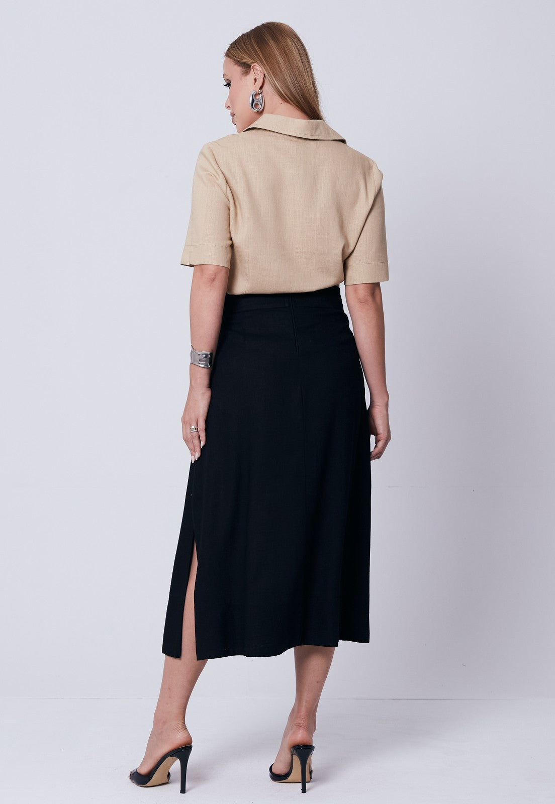 Saia Mamorena Midi Reta em Linho com Fendas Laterais