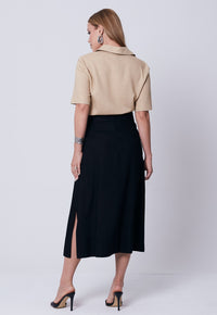 Saia Mamorena Midi Reta em Linho com Fendas Laterais