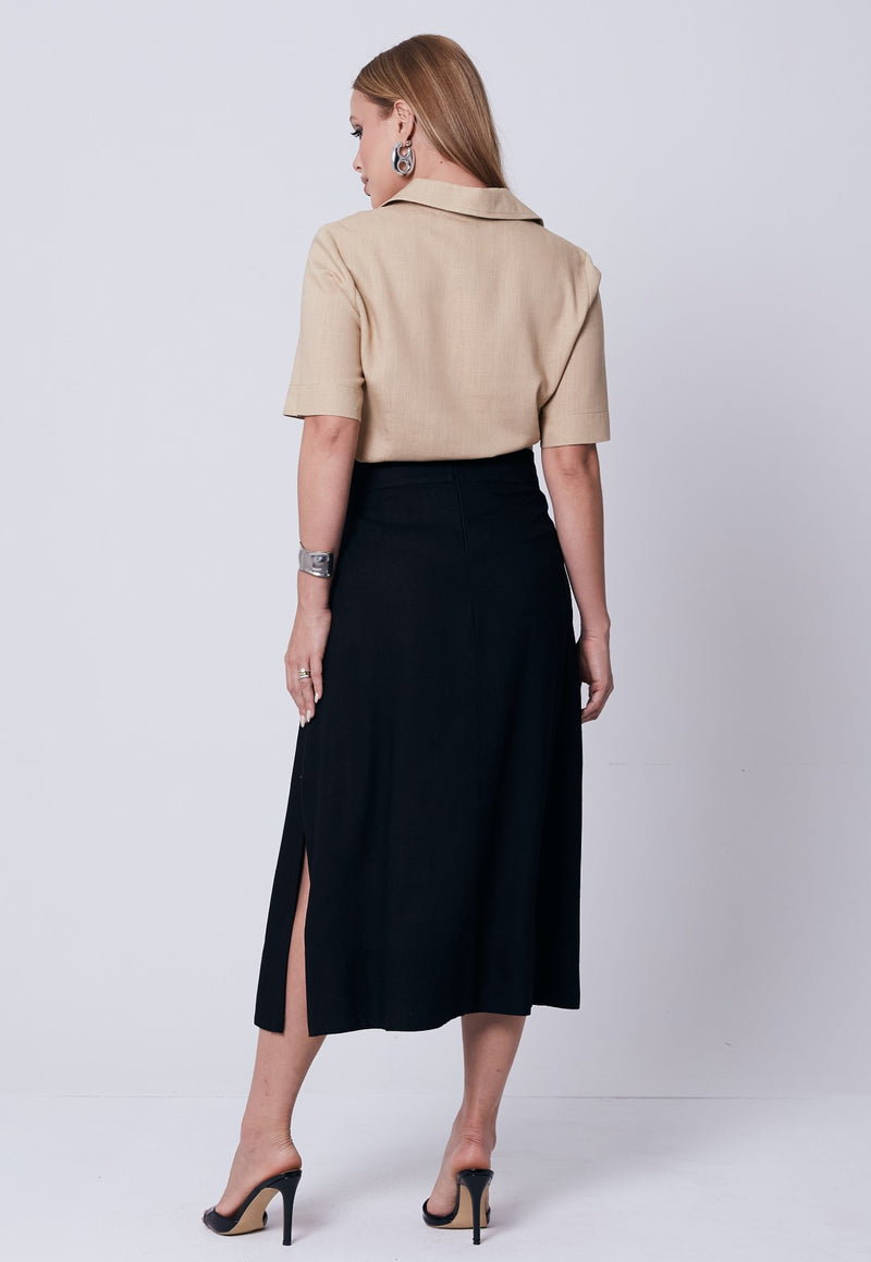 Saia Mamorena Midi Reta em Linho com Fendas Laterais