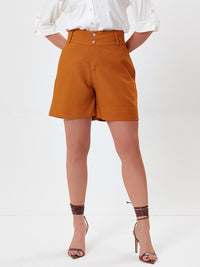 Short Mamorena Alfaiataria em Liocel Meia Coxa com Barrada Dobrada