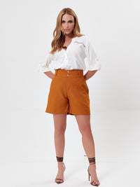 Short Mamorena Alfaiataria em Liocel Meia Coxa com Barrada Dobrada