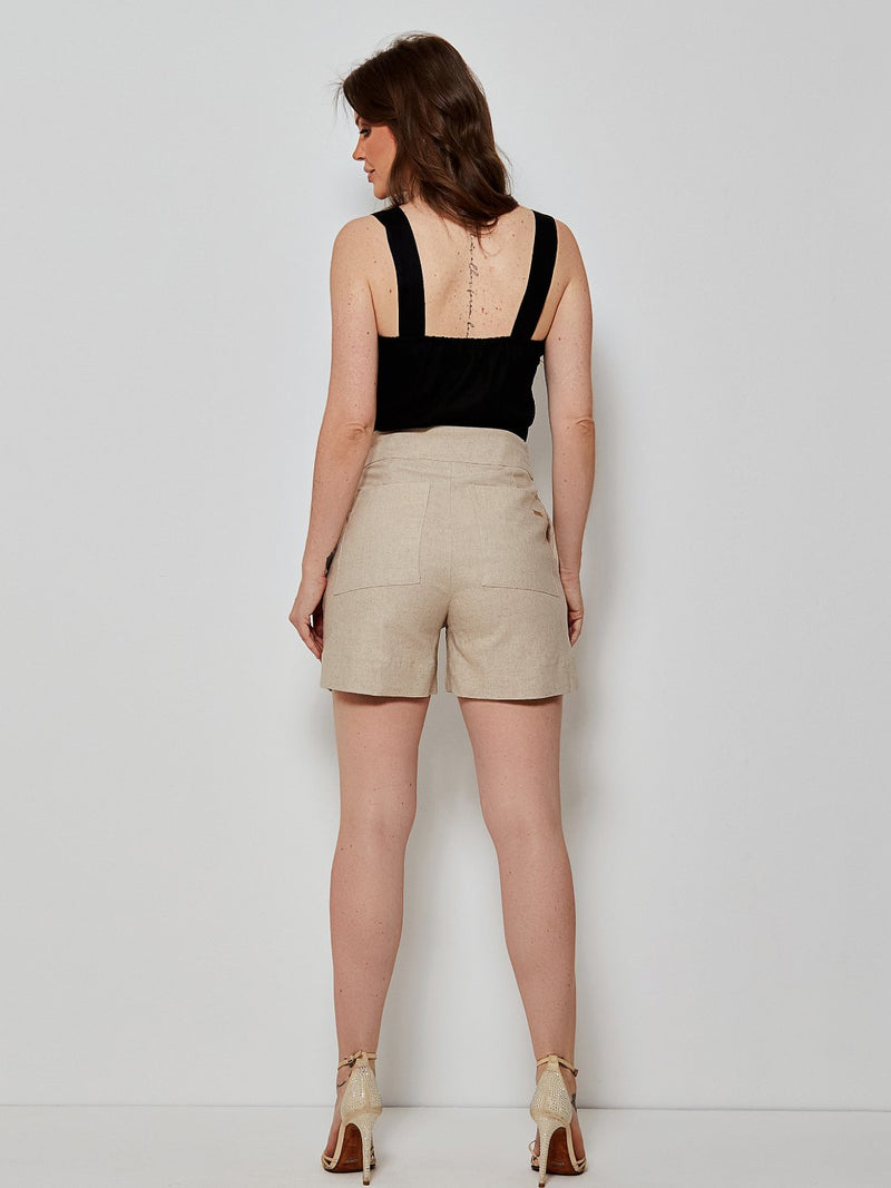 Short Mamorena em Linho com Elastano com Botões Encapados