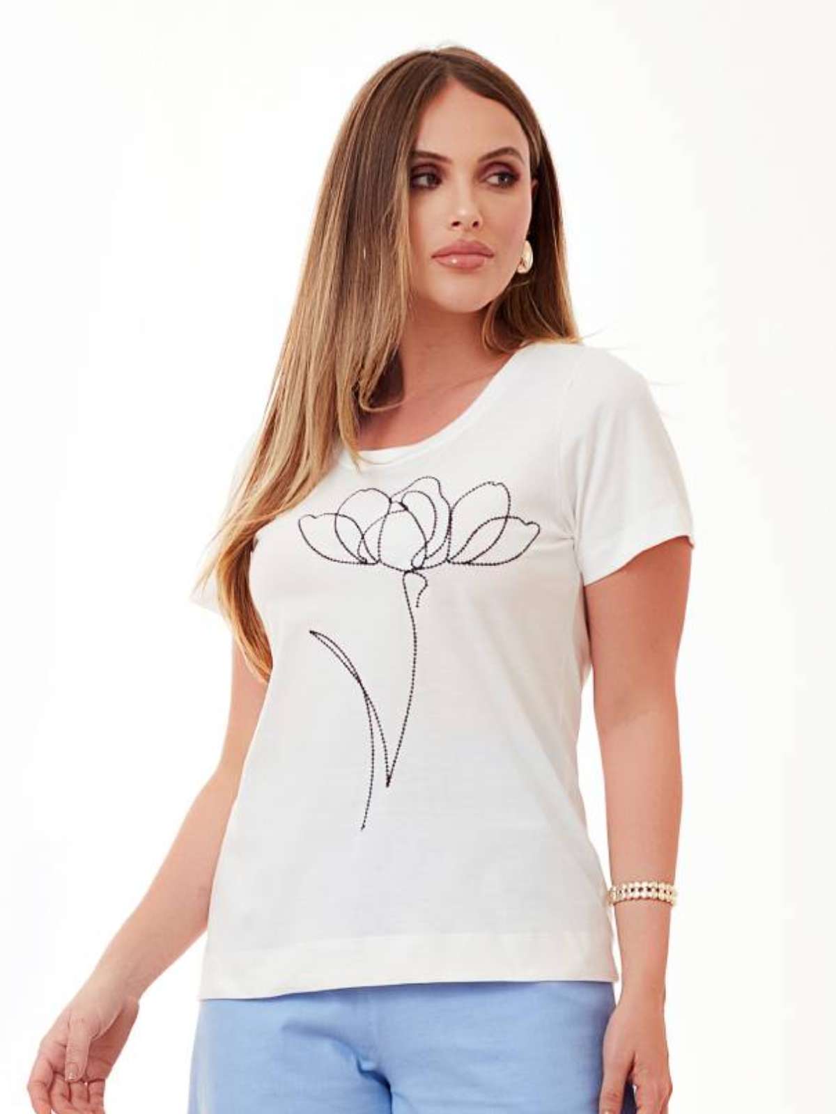 T-Shirt Mamorena em Malha de Algodão com Bordado Eletrônico