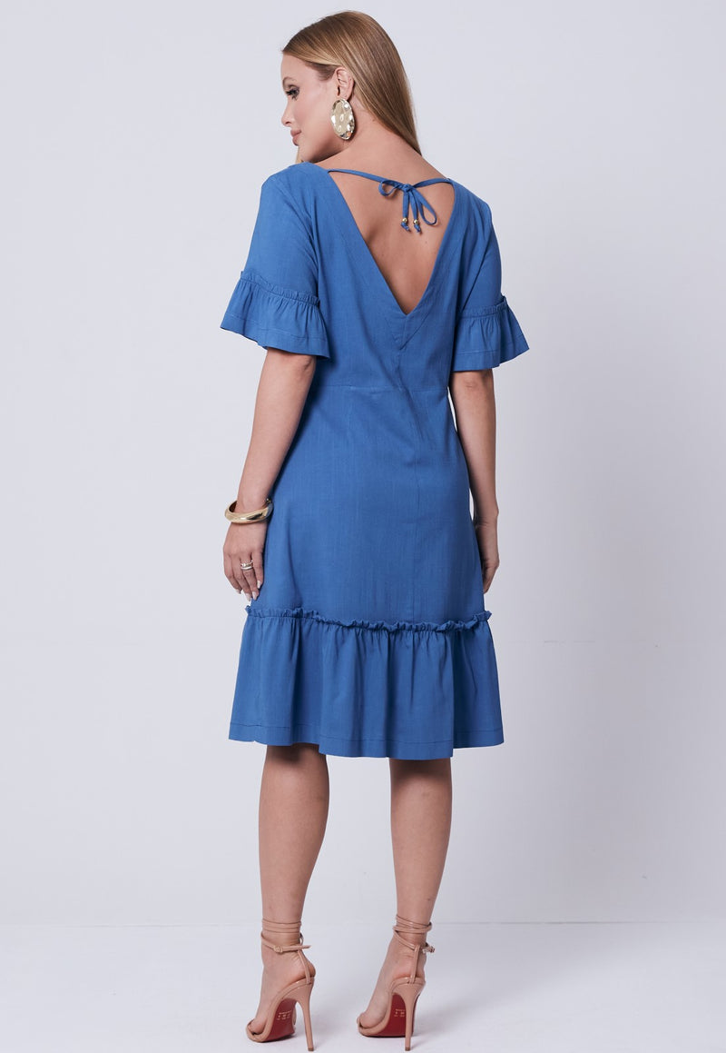 Vestido Mamorena Curto em Viscolinho com Elastano com Decote V nas Costas