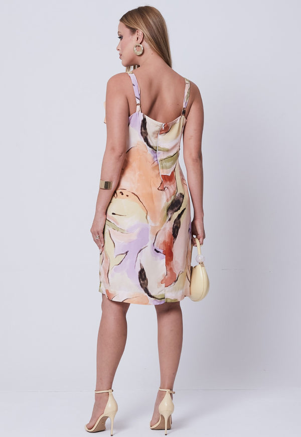 Vestido Mamorena Curto de Alça em Viscose Estampada com Babados no Busto