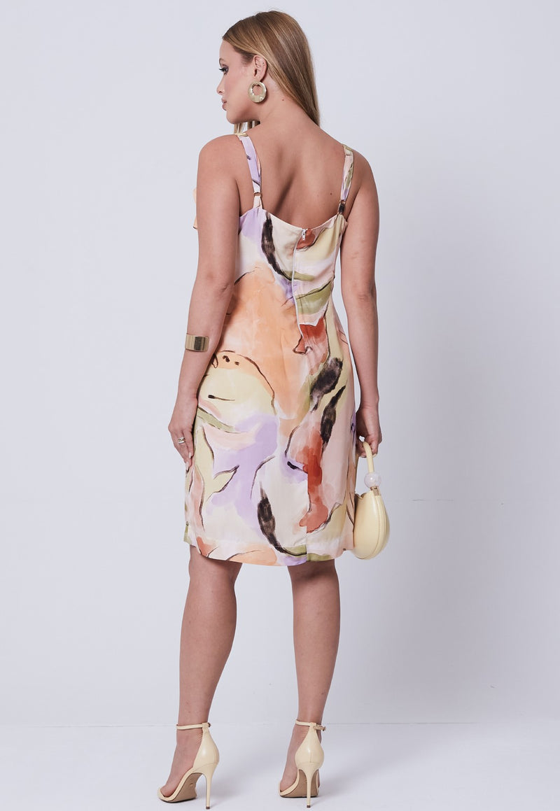 Vestido Mamorena Curto de Alça em Viscose Estampada com Babados no Busto