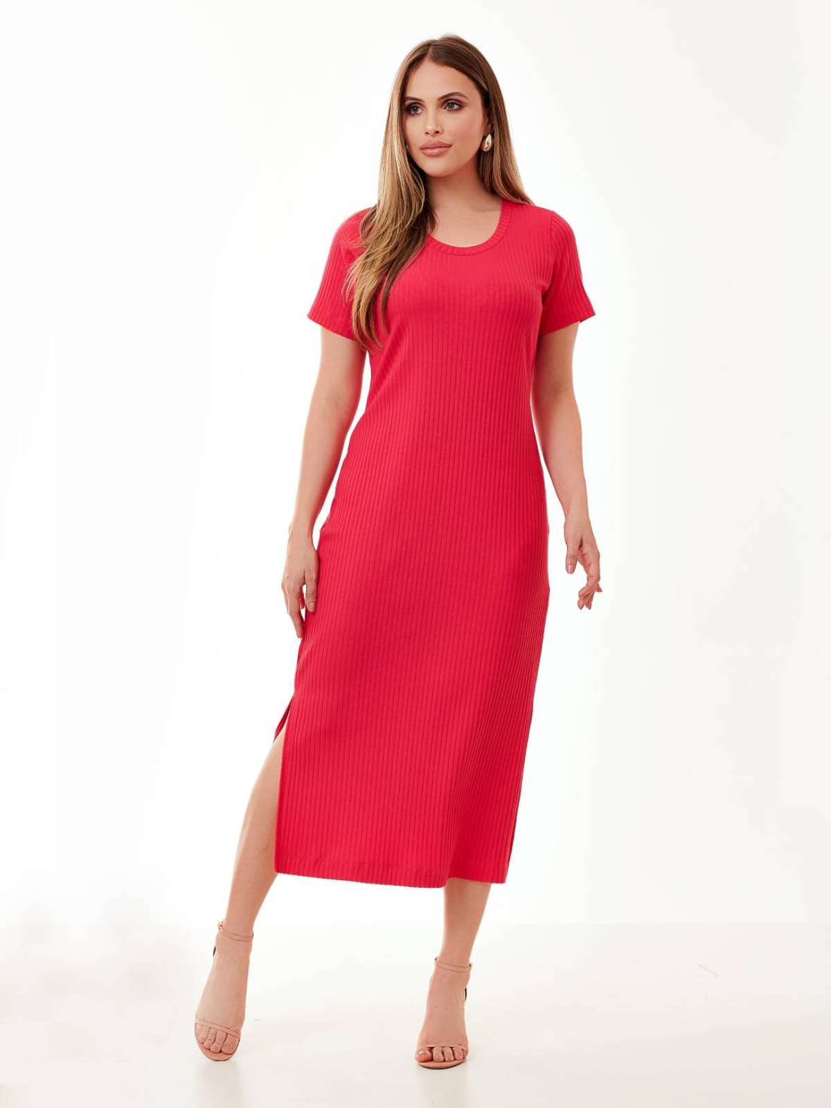 Vestido Mamorena de Malha com Manga Curta e Fenda Lateral