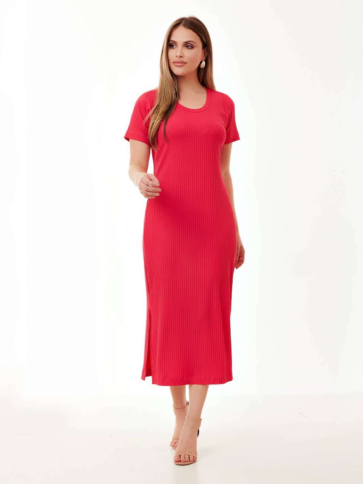 Vestido Mamorena de Malha com Manga Curta e Fenda Lateral