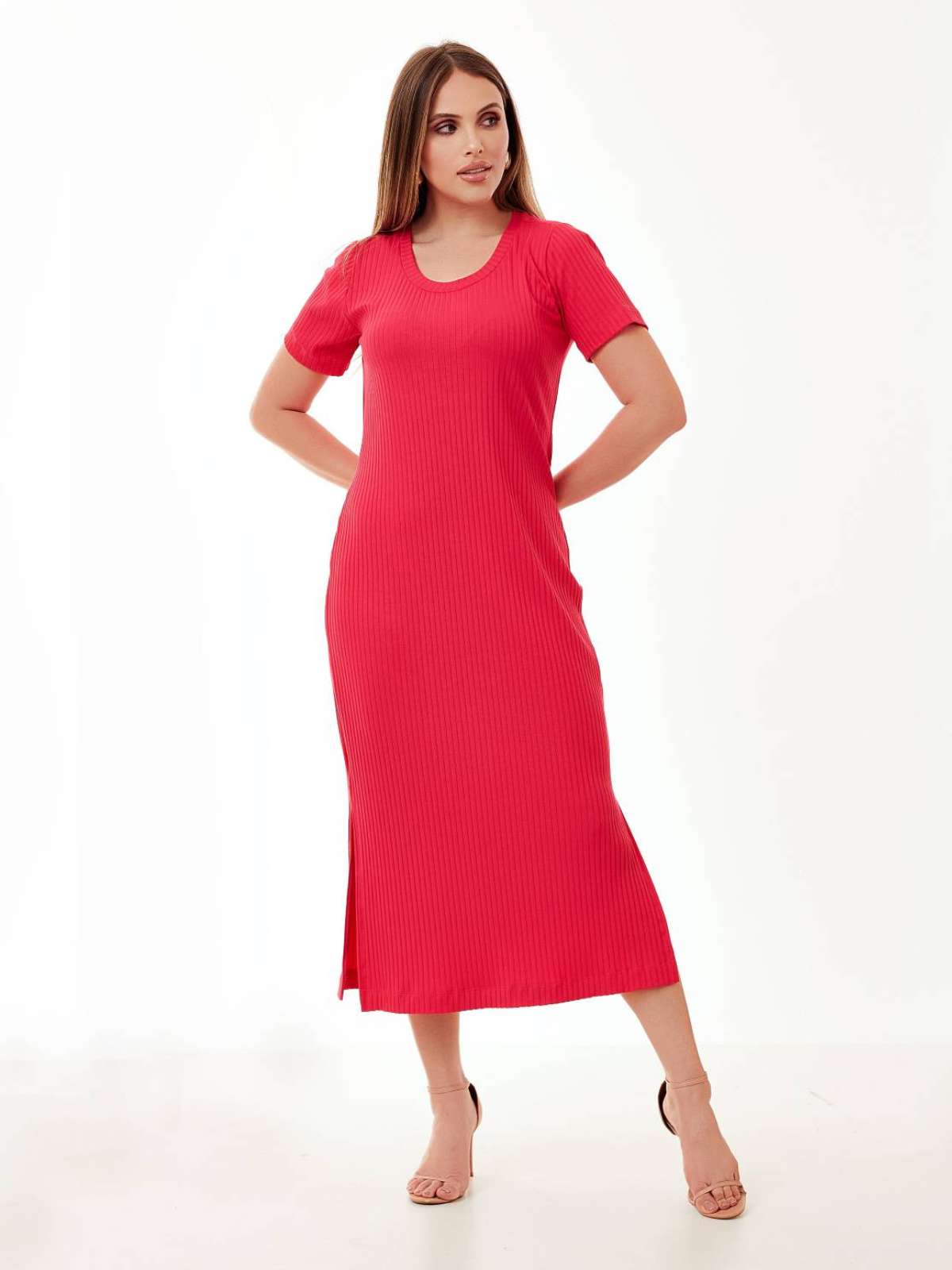 Vestido Mamorena de Malha com Manga Curta e Fenda Lateral