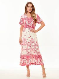 Vestido Mamorena em Viscose Estampada com Abertura de Botões em Comprimento Midi