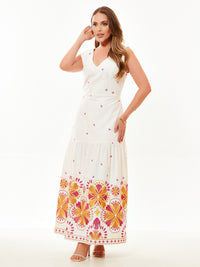 Vestido Mamorena Longo Cavado em Tecido Cedros Bordado