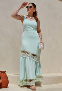 Vestido Mamorena Longo de Alça em Viscose Sarjada com Entremeio