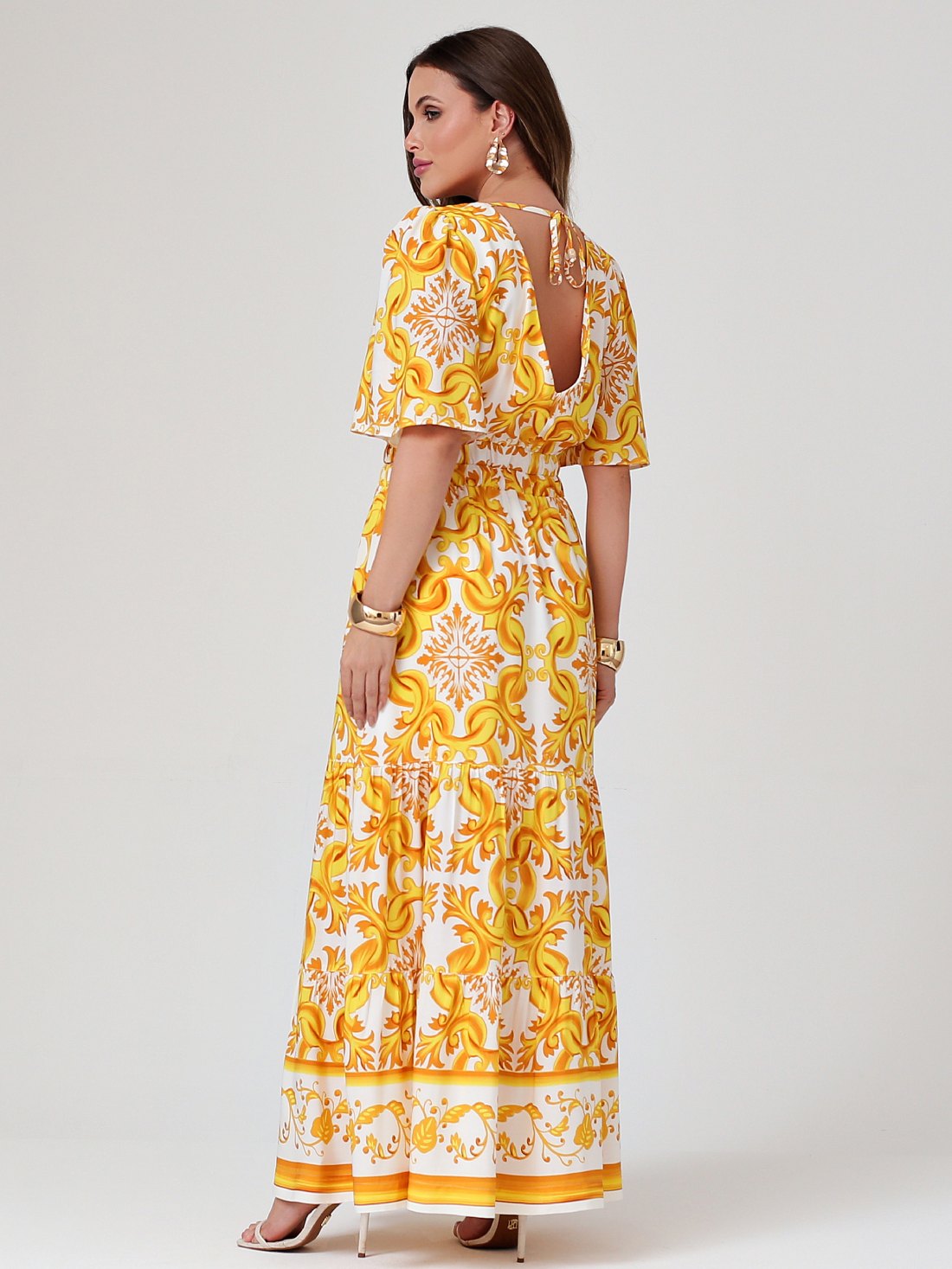 Vestido Mamorena Longo de Manga em Viscose Estampada Exclusiva com Decote V nas Costas e Abertura na Cintura