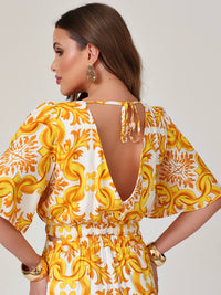 Vestido Mamorena Longo de Manga em Viscose Estampada Exclusiva com Decote V nas Costas e Abertura na Cintura