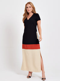 Vestido Mamorena Longo em Alfaiataria Kali de Manga Curta Tricolor