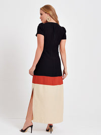 Vestido Mamorena Longo em Alfaiataria Kali de Manga Curta Tricolor