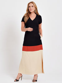 Vestido Mamorena Longo em Alfaiataria Kali de Manga Curta Tricolor