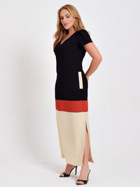 Vestido Mamorena Longo em Alfaiataria Kali de Manga Curta Tricolor