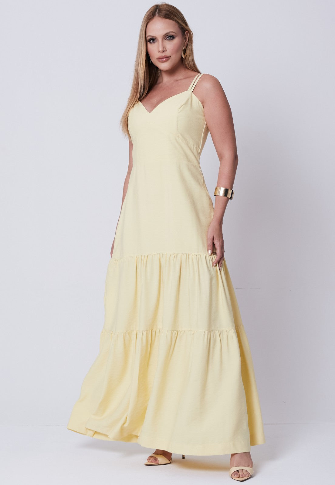 Vestido Mamorena Longo em Alfaiataria Tulum de Alça Dupla com Decote Coração