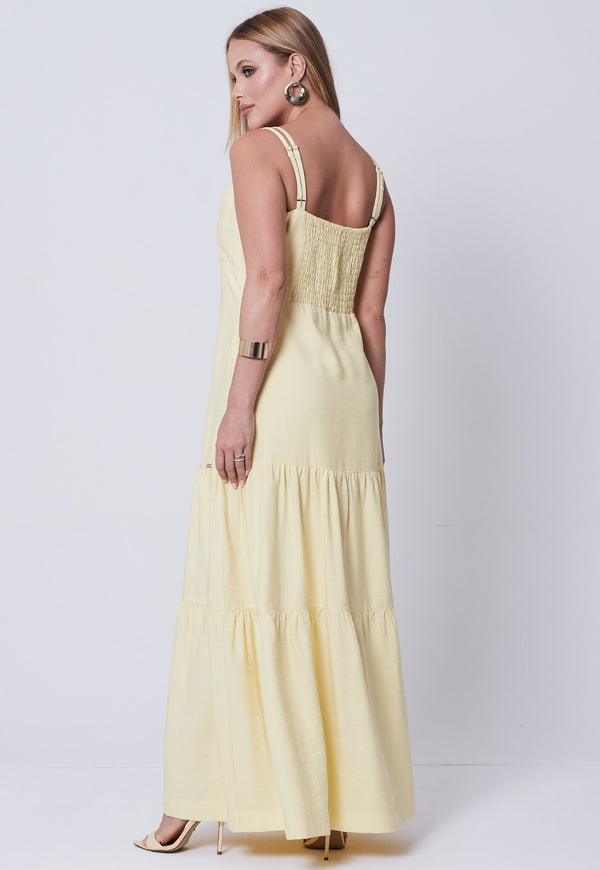 Vestido Mamorena Longo em Alfaiataria Tulum de Alça Dupla com Decote Coração