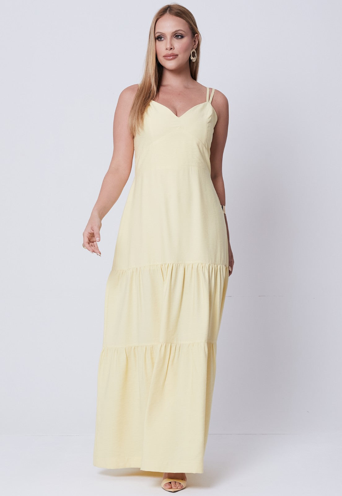 Vestido Mamorena Longo em Alfaiataria Tulum de Alça Dupla com Decote Coração