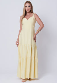 Vestido Mamorena Longo em Alfaiataria Tulum de Alça Dupla com Decote Coração