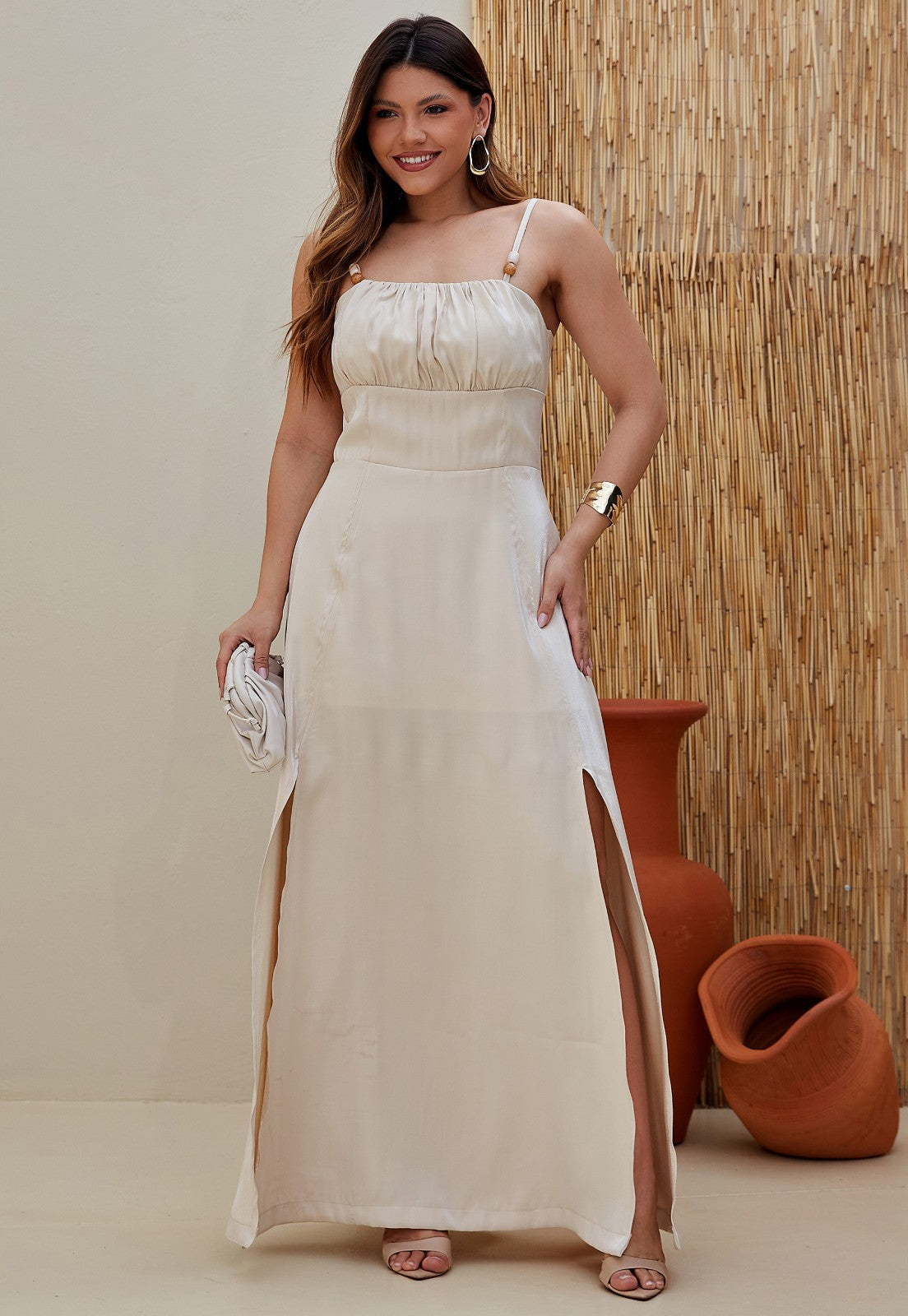 Vestido Mamorena Longo em Tecido Disco de Alça Fina