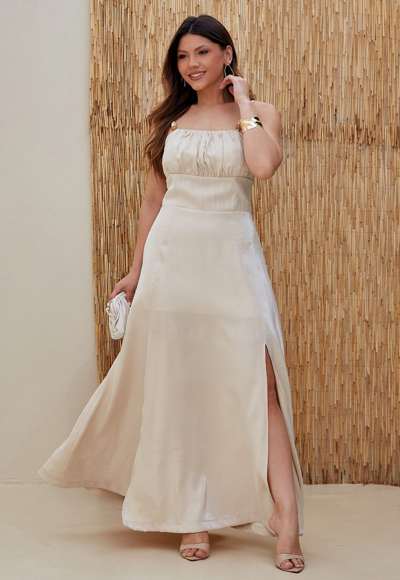 Vestido Mamorena Longo em Tecido Disco de Alça Fina