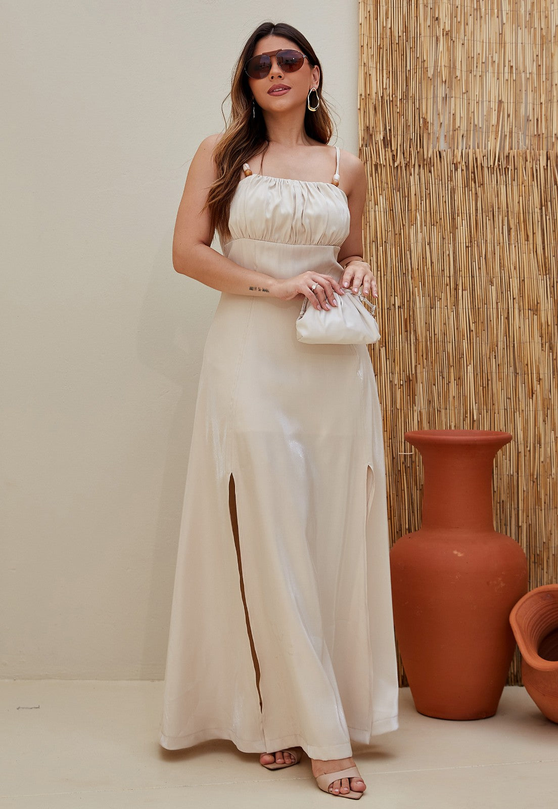 Vestido Mamorena Longo em Tecido Disco de Alça Fina