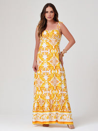 Vestido Mamorena Longo em Viscose Estampada Exclusiva com Alça de Amarrar e Franzido no Peito