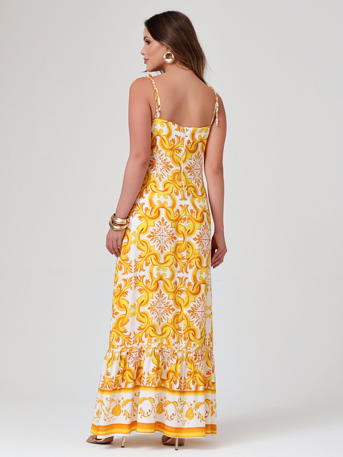 Vestido Mamorena Longo em Viscose Estampada Exclusiva com Alça de Amarrar e Franzido no Peito