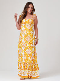 Vestido Mamorena Longo em Viscose Estampada Exclusiva com Alça de Amarrar e Franzido no Peito