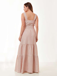 Vestido Mamorena Longo em Viscolinho Listrado com Franzido e Fenda Lateral