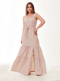 Vestido Mamorena Longo em Viscolinho Listrado com Franzido e Fenda Lateral