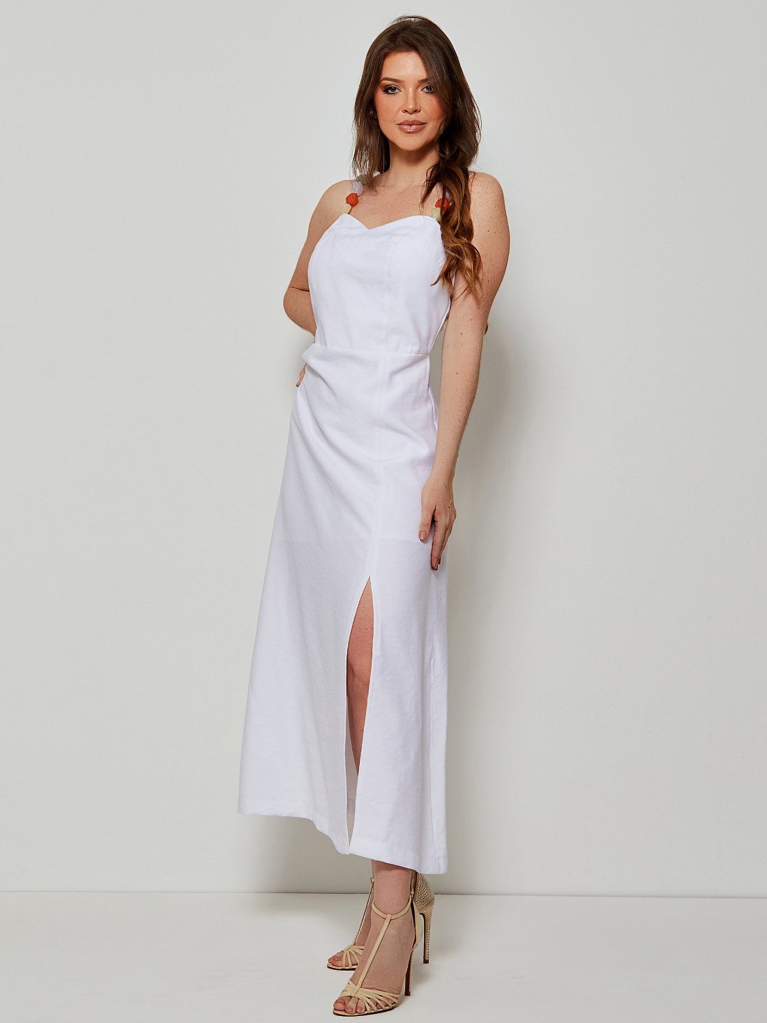 Vestido Mamorena Longuete de Alça em Liocel com Pedras no Decote