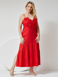 Vestido Mamorena Longuete em Linho com Elastano de Alça com Aplique de Flores no Busto