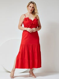 Vestido Mamorena Longuete em Linho com Elastano de Alça com Aplique de Flores no Busto