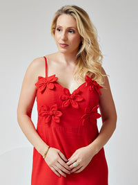 Vestido Mamorena Longuete em Linho com Elastano de Alça com Aplique de Flores no Busto