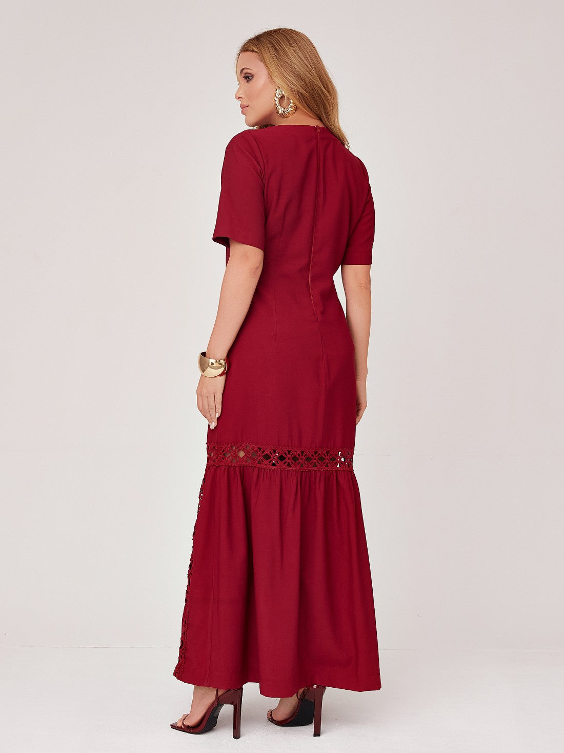 Vestido Mamorena Longuete em Liocel de Manga Curta com Detalhes em Entremeios