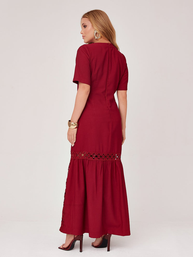 Vestido Mamorena Longuete em Liocel de Manga Curta com Detalhes em Entremeios