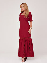 Vestido Mamorena Longuete em Liocel de Manga Curta com Detalhes em Entremeios