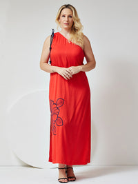 Vestido Mamorena Longuete em Viscose Sarjada de um Ombro Só com Bordado