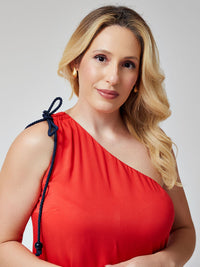 Vestido Mamorena Longuete em Viscose Sarjada de um Ombro Só com Bordado