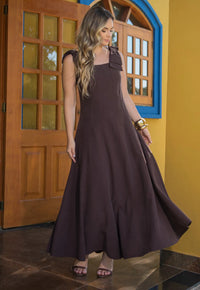 Vestido Mamorena Longuete Regata em Alfaiataria Âmbar com Aplique de Laços nos Ombros
