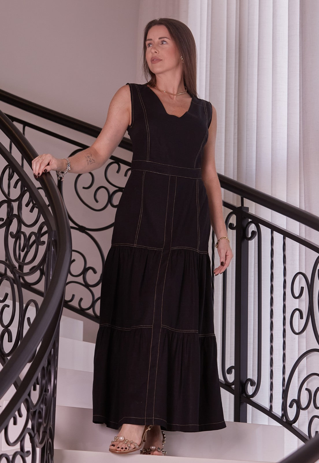 Vestido Mamorena Longuete Regata em Linho Pespontado