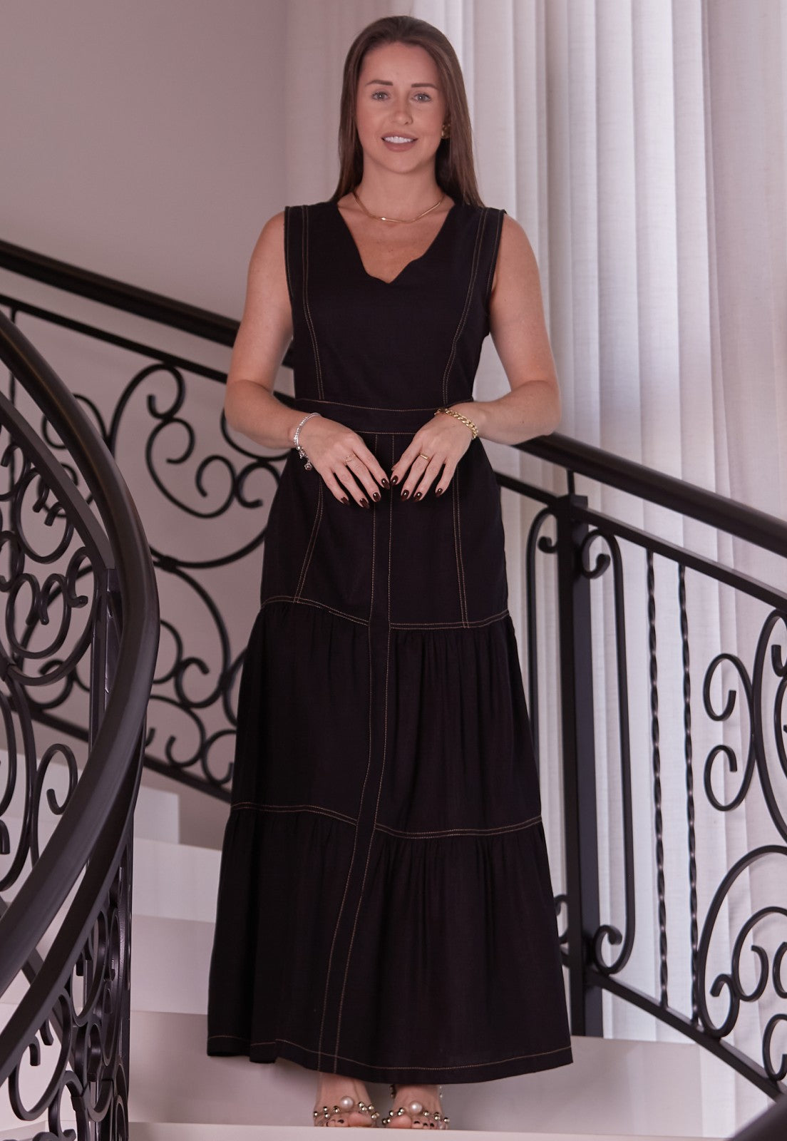 Vestido Mamorena Longuete Regata em Linho Pespontado