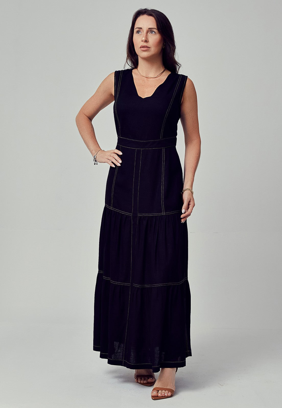 Vestido Mamorena Longuete Regata em Linho Pespontado