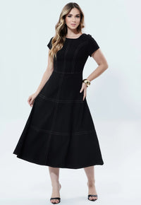 Vestido Mamorena Manga Curta Godê Midi em Alfaiataria com Elastano com Pespontos