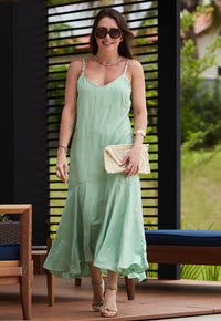 Vestido Mamorena Midi de Alça em Tecido Bordado com Pedras